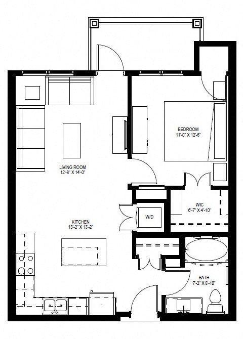 Floor plan for 1 bed, 1 bath, 723 sqft